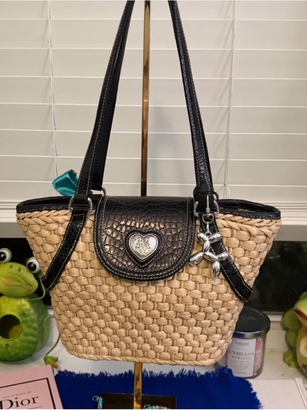 Brighton brand Woven Shoulder Tote with Black Trim and Heart Charm - Picture 4 of 15